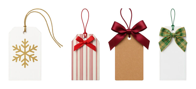 Christmas gift tag set including snowflake, striped, kraft, and plaid designs isolated. Holiday decor and gifting elements.