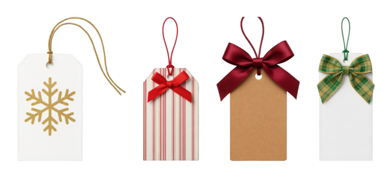 Christmas gift tag set including snowflake, striped, kraft, and plaid designs isolated. Holiday decor and gifting elements.