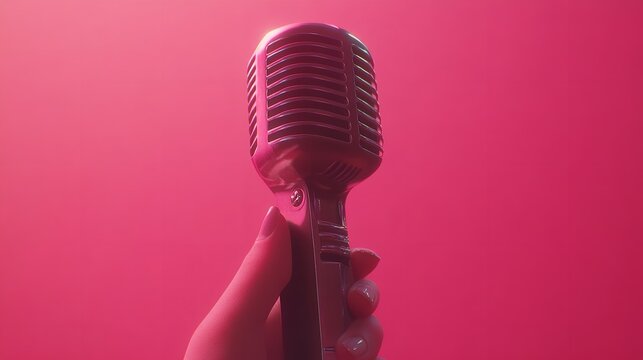 Holding a vintage microphone ready to sing a heartfelt song on stage with a pink background under spotlight - Powered by Adobe