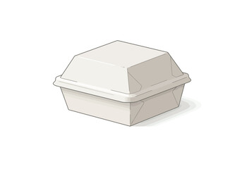 A closed square white styrofoam takeout container sitting on a white background