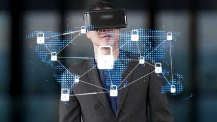 A businessman uses a virtual reality headset connected to a digital world map, showcasing key concepts of security and innovation in the technology landscape. Raster