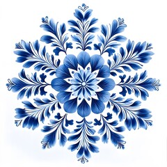 Gzhel Style Snowflake Set – Blue and White Floral Ice Crystal Ornaments on White Background
