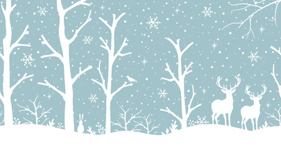 Winter Forest Seamless Border. Christmas Background. Winter Woods with Animals, Trees, Snowflakes, Snow. White Silhouettes. Template. Stencil. Vector Illustration on Light Blue Background