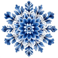 Gzhel Style Snowflake Set – Blue and White Floral Ice Crystal Ornaments on White Background