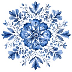 Gzhel Style Snowflake Set – Blue and White Floral Ice Crystal Ornaments on White Background