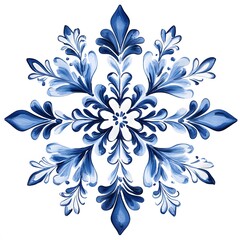 Gzhel Style Snowflake Set – Blue and White Floral Ice Crystal Ornaments on White Background
