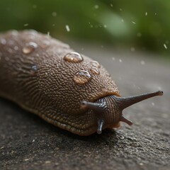 Brown slug with glistening water droplets, macro close-up.