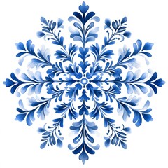 Gzhel Style Snowflake Set – Blue and White Floral Ice Crystal Ornaments on White Background