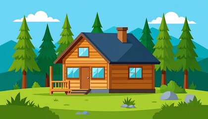 Wooden cabin in a lush forest