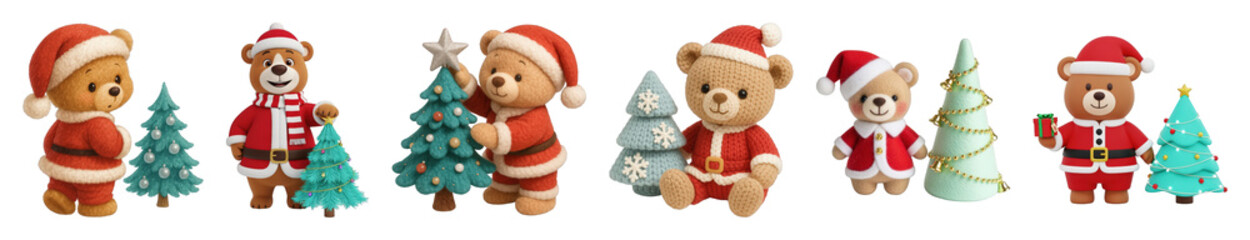 Obraz premium Santa bear and Christmas tree characters set including plush, knitted, and 3D styles isolated. Festive holiday collection.