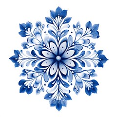 Gzhel Style Snowflake Set – Blue and White Floral Ice Crystal Ornaments on White Background