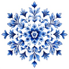 Gzhel Style Snowflake Set – Blue and White Floral Ice Crystal Ornaments on White Background