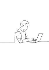Line art of man working on laptop at desk in minimalist style  
