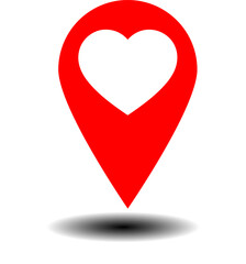 Red location pin icon with heart cutout and shadow on transparent background, romantic GPS map marker for love, travel, destination, address, website, app, and design elements