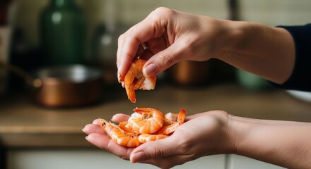 Close-up hands preparing shrimp in kitchen