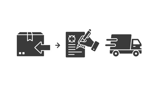 Shipping Process Icons: Box Signature and Delivery Truck.