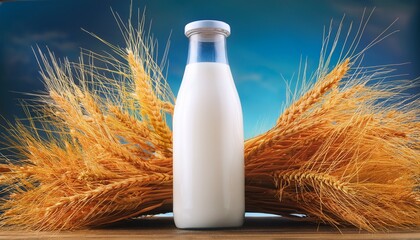 A Bottle Of Organic Milk Nestled In A Pile Of Golden Wheat Stalks