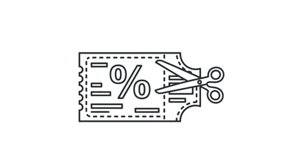Simple line art icon of scissors cutting a promotional discount coupon with a percentage symbol.