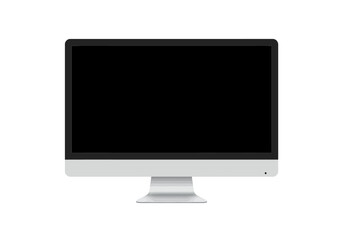 Computer monitor showing a blank black screen sitting on a gray stand on a white background