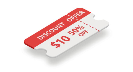Isometric 3D discount offer coupon with a red header and tear-off stub for a 10 or 50 off sale.