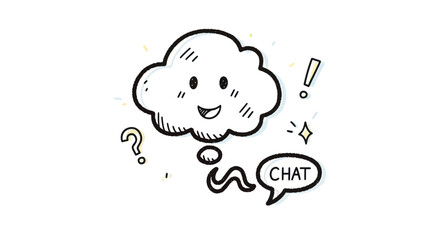 Cute hand-drawn smiling thought bubble character with a chat bubble and punctuation marks.