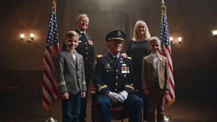 Cinematic realism 4 veteran family portrait with flags on Veterans Day in classic hall