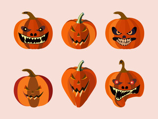 A set of six spooky jack-o'-lanterns with various menacing faces, sharp teeth, and glowing eyes. These classic Halloween pumpkins are perfect for seasonal designs