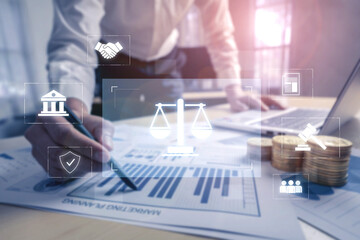 Legal compliance and governance concept showing justice scale, courthouse, contract, policy,...