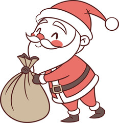 Santa drawing. Black and white outline of a full-body Santa Claus with his classic suit, beard, and hat. Vector sketch line art draw.