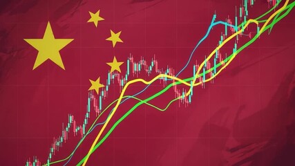Chinese flag backdrop with stock market chart showing upward trend financial analysis view - Powered by Adobe