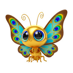 Obraz premium Cute golden cartoon butterfly with big blue eyes isolated on transparent background