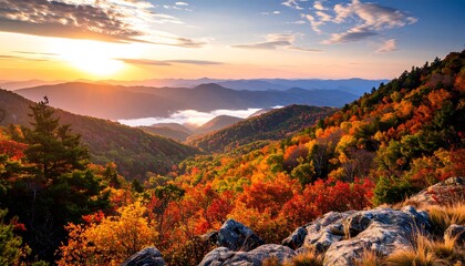 Majestic Autumn Sunrise over Appalachian Mountains, vibrant fall foliage, misty valley
