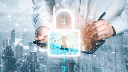 This image features a professional individual holding a smartphone and pen, with a glowing digital lock symbolizing data security and privacy in a modern urban setting. Xenic