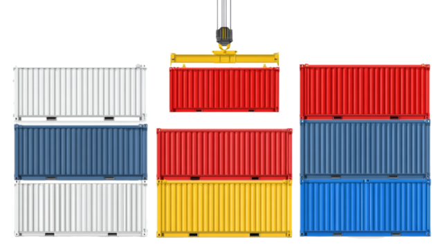 Stacked Cargo Containers with Crane Lifting Box Isolated on Transparent Background – Global Shipping Logistics