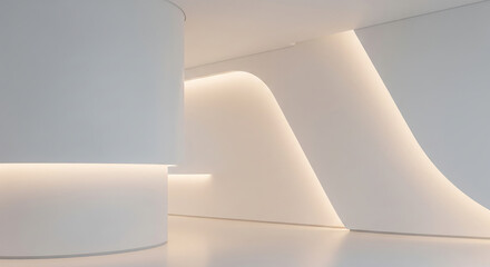 Abstract architectural interior with soft ambient lighting and smooth curved white surfaces creating a futuristic atmosphere