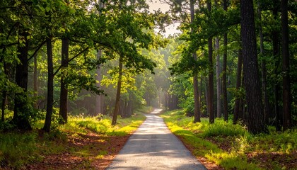 Obraz premium A paved road winds through a lush forest, bathed in the golden light of dawn.