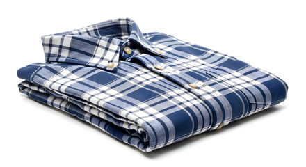 Folded blue and white plaid shirt on a white background showcasing design details and material