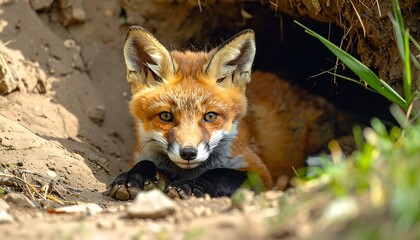 A red fox pup emerges from its burrow, displaying curious and alert expression.