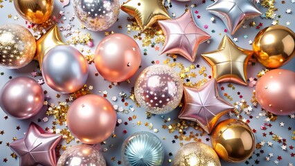 A vibrant collection of metallic balloons and sparkling confetti in gold, silver, and rose gold hues, creating a festive and celebratory atmosphere for parties
