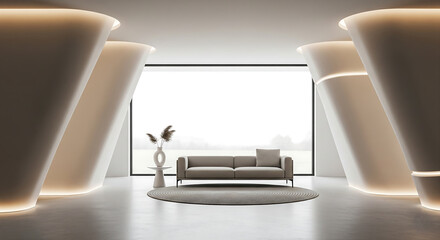 Fototapeta premium Modern minimalist living room with a sleek sofa and abstract illuminated pillars framing a large window