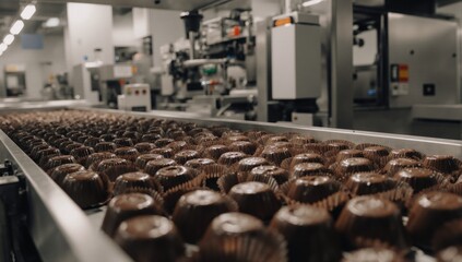 Obraz premium A chocolate factory production line showcases confectionery moving along a conveyor belt during daytime