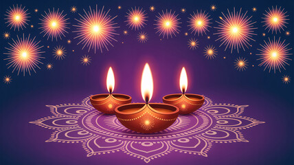 Traditional Diwali illustration with glowing oil lamps (diyas) over mandala patterns surrounded by sparkling lights, representing Indian festival of light, joy, and spirituality