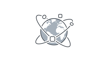 Stylized Earth globe icon representing a global network with orbiting satellites and data nodes.