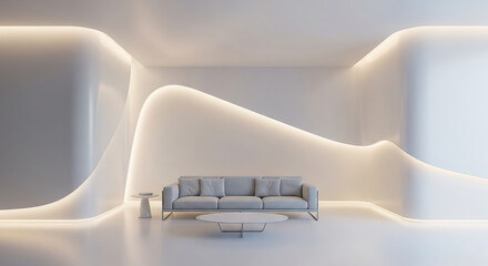Modern futuristic living room with soft organic curves and ambient led lighting