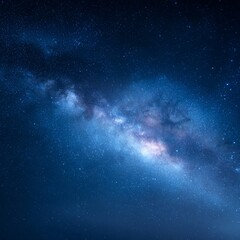 Fototapeta premium Milky Way and stars in a blue night sky on a dark background. With noise and texture, the universe is full with stars, nebula, and galaxies. Long exposure photo with white balance choice. incredible c