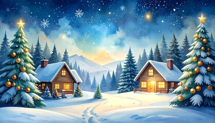 Fototapeta premium Winter Wonderland - Cozy Cabins and Christmas Trees in a Snowy Landscape.
