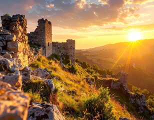 Fototapeta premium Ancient Stone Ruins Silhouetted Against a Glowing Golden Sunset Landscape