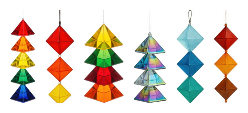 Geometric decoration set including colorful pyramids, octahedrons, and iridescent finishes isolated. Abstract visual elements for decor.