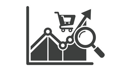 E-commerce sales growth analysis icon with a line graph shopping cart and magnifying glass.