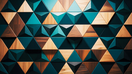 Geometric Triangle Wall Texture with Wood and Teal Accents pattern
